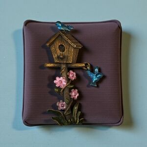 Vintage JJ Signed Birds Birdhouse Dangle Statement Metal Enamel Pin Brooch